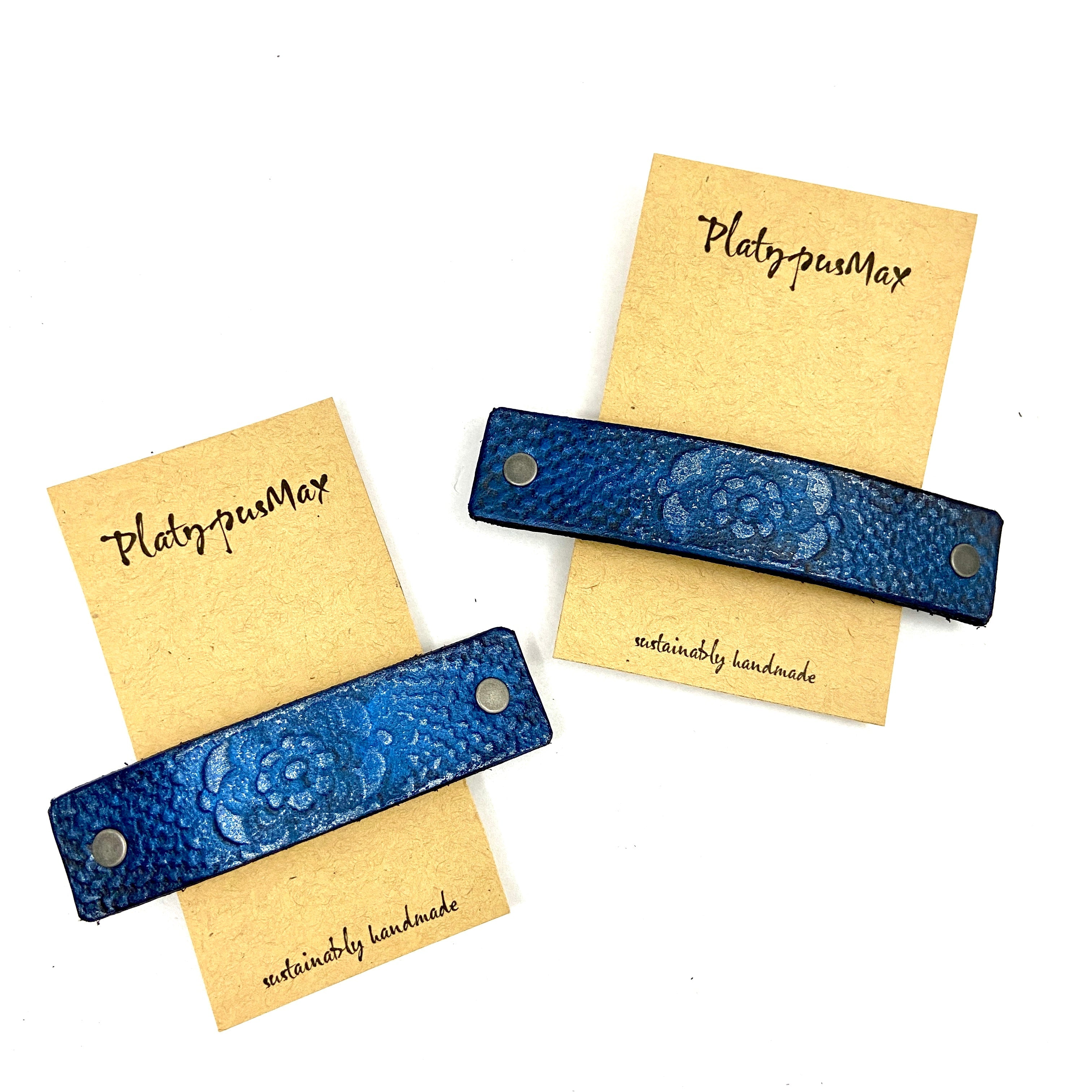 Brilliant Blue Lace Flower Leather Hair Barrette