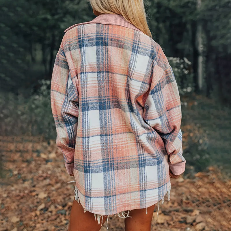 Women's Notch Lapel Check Print Long Sleeve Shirt - Button Front Pocket Detail Casual Blouse