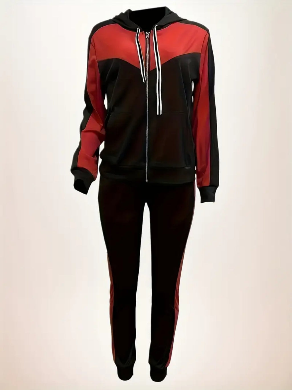 Hoodie And Jogging Set, Casual Two Piece Set, Zippered Hoodie, Long Sleeve, And Red Black Stretch Pants