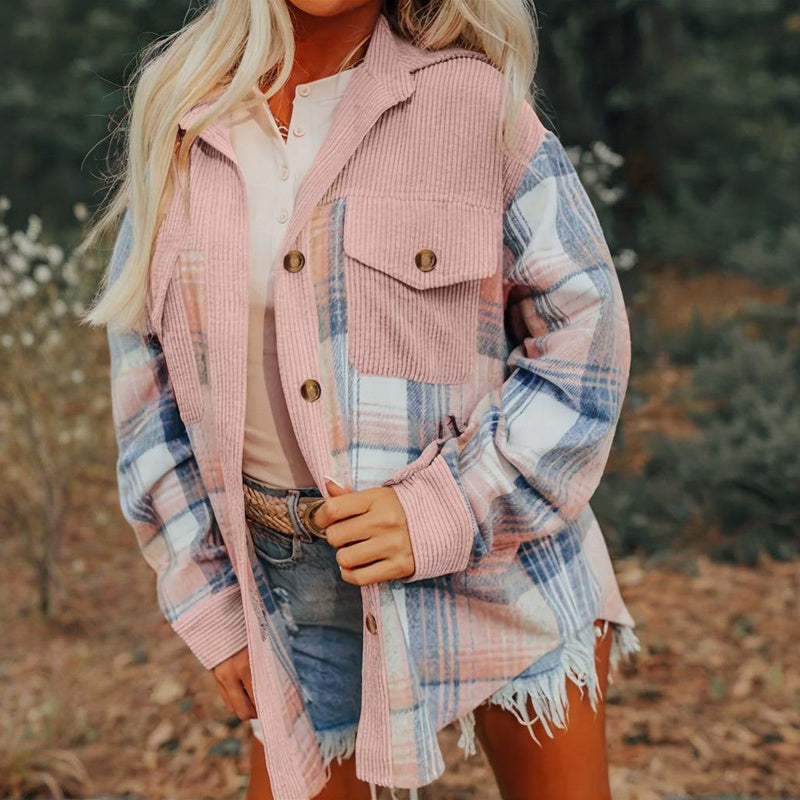 Women's Notch Lapel Check Print Long Sleeve Shirt - Button Front Pocket Detail Casual Blouse
