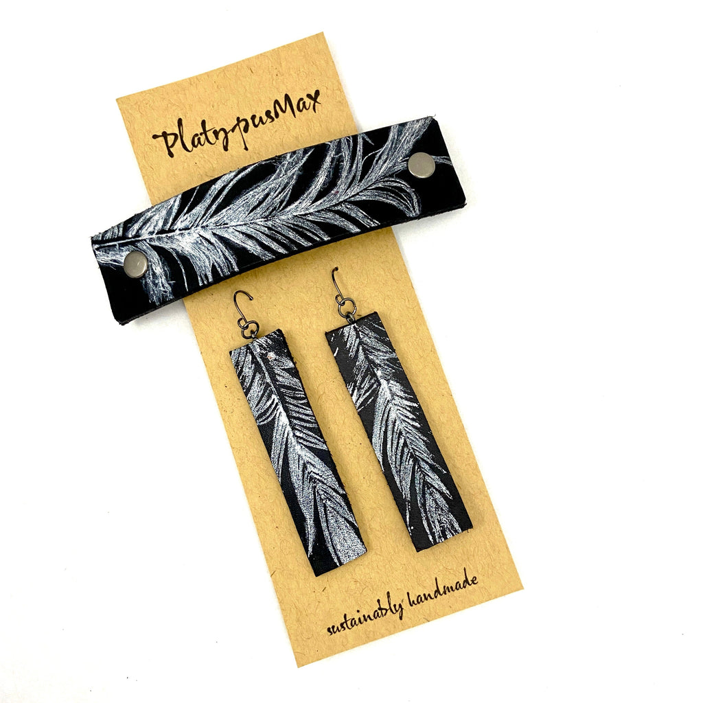 Silver Feather on Black Leather Barrette and Earring Gift Set