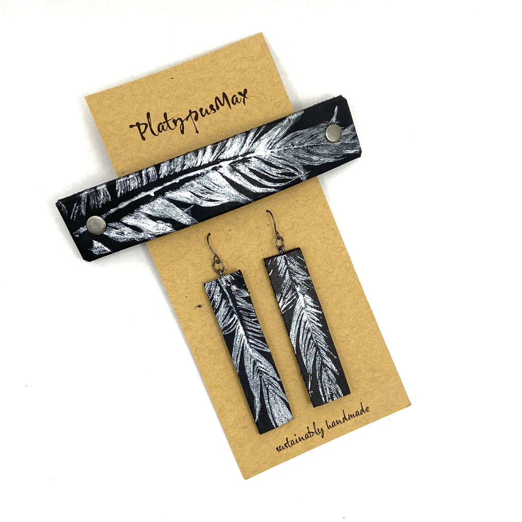 Silver Feather on Black Leather Barrette and Earring Gift Set