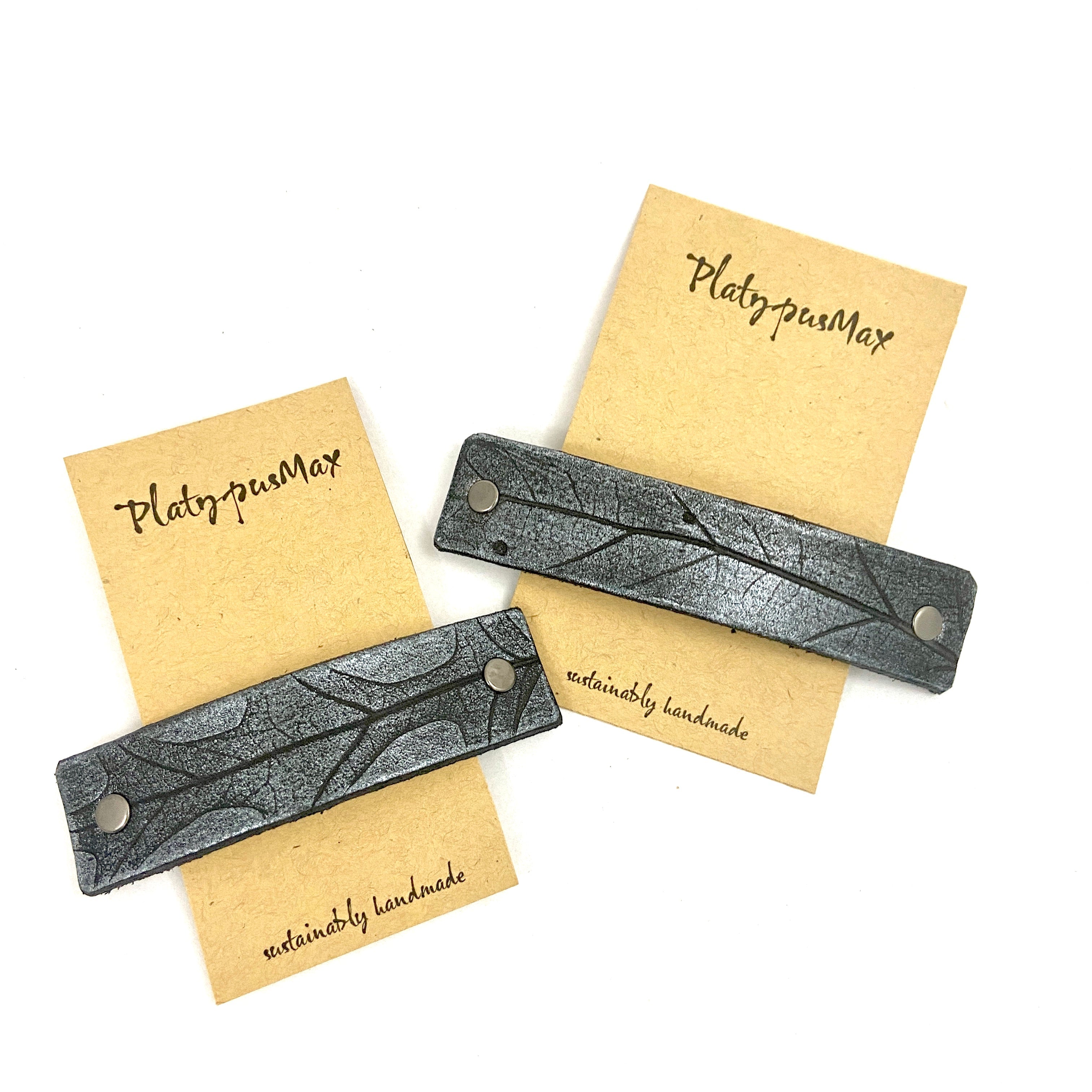 Silver on Black Oak Leaf Imprint Leather Hair Barrette