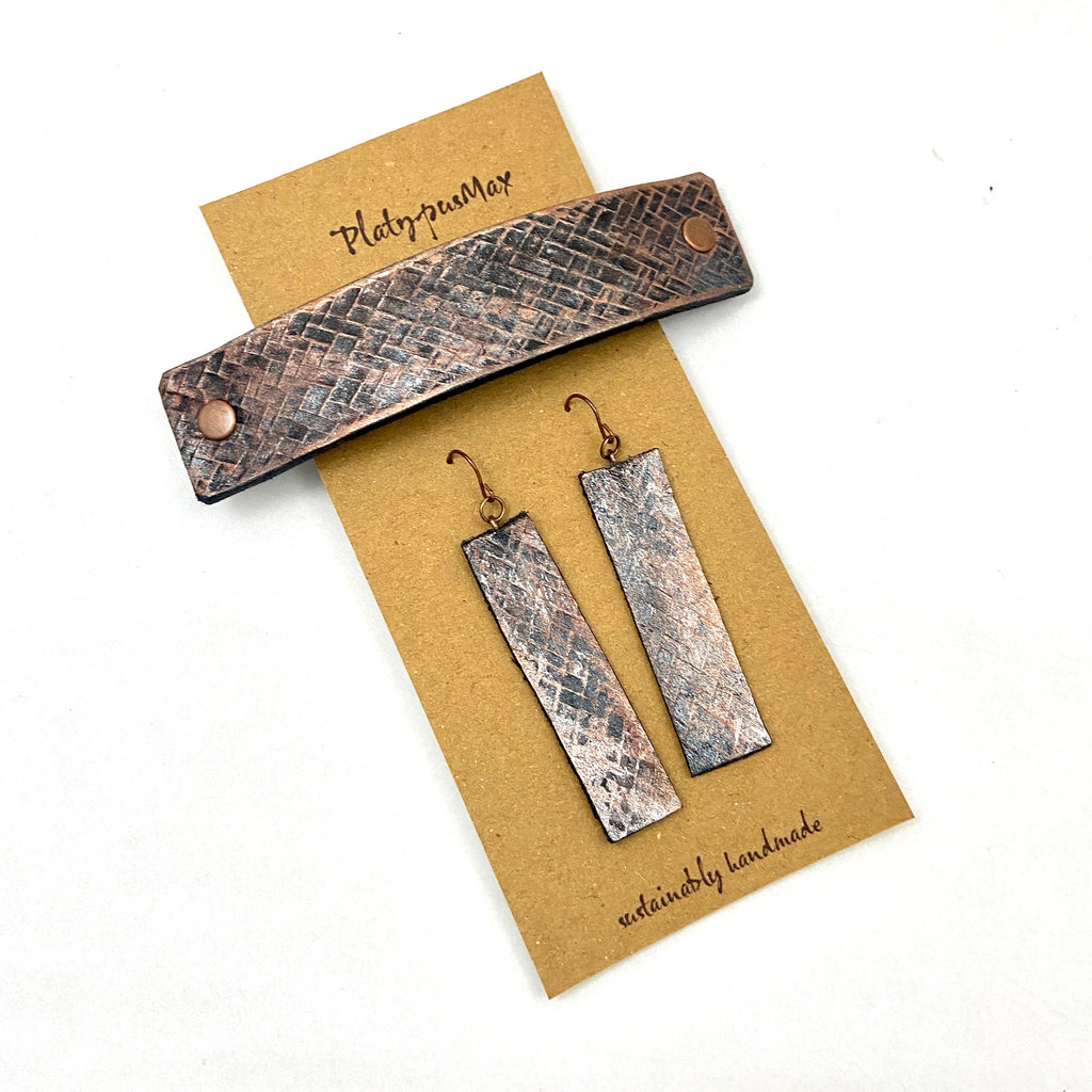 Bronze Weave Textured Barrette and Earring Gift Set