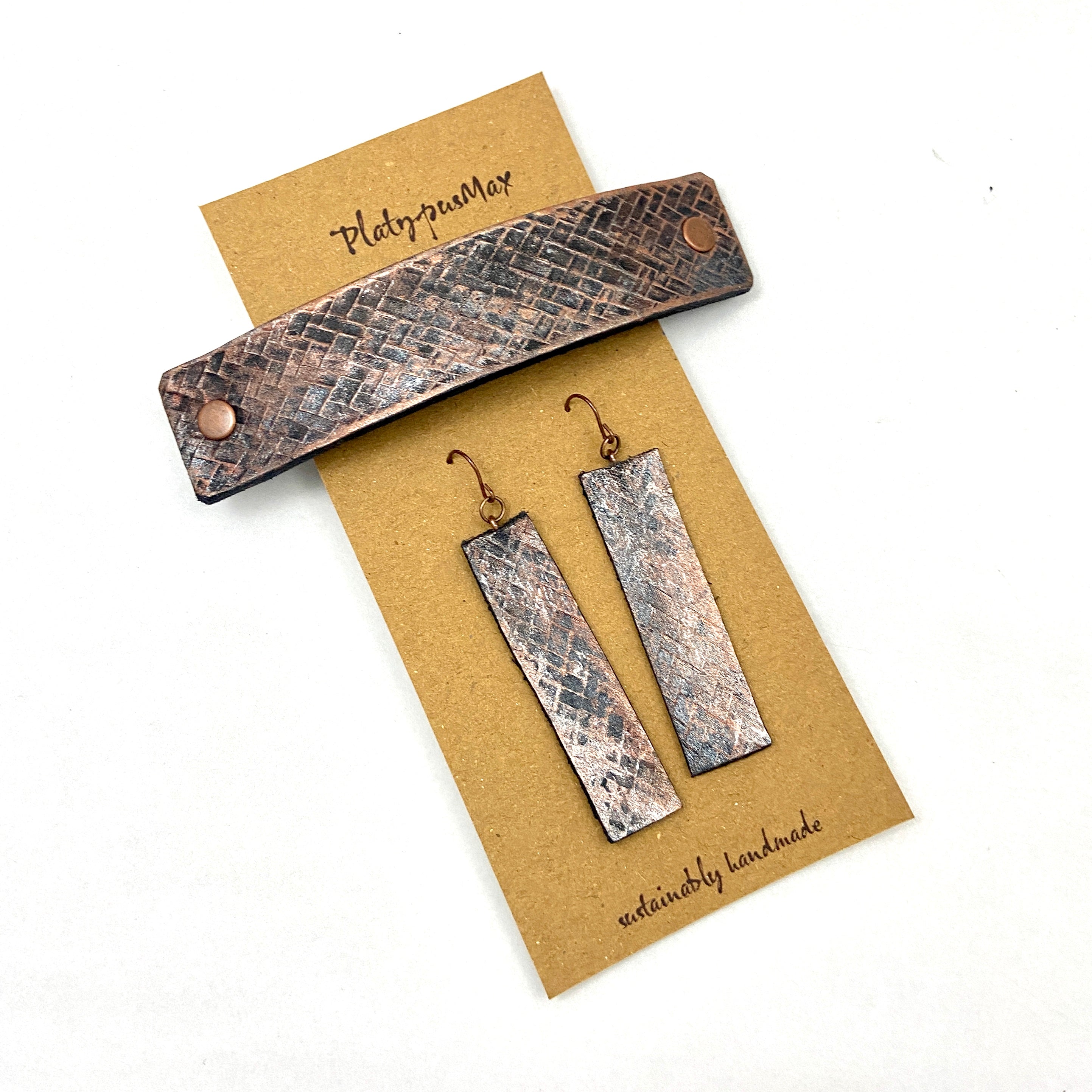 Bronze Weave Textured Barrette and Earring Gift Set