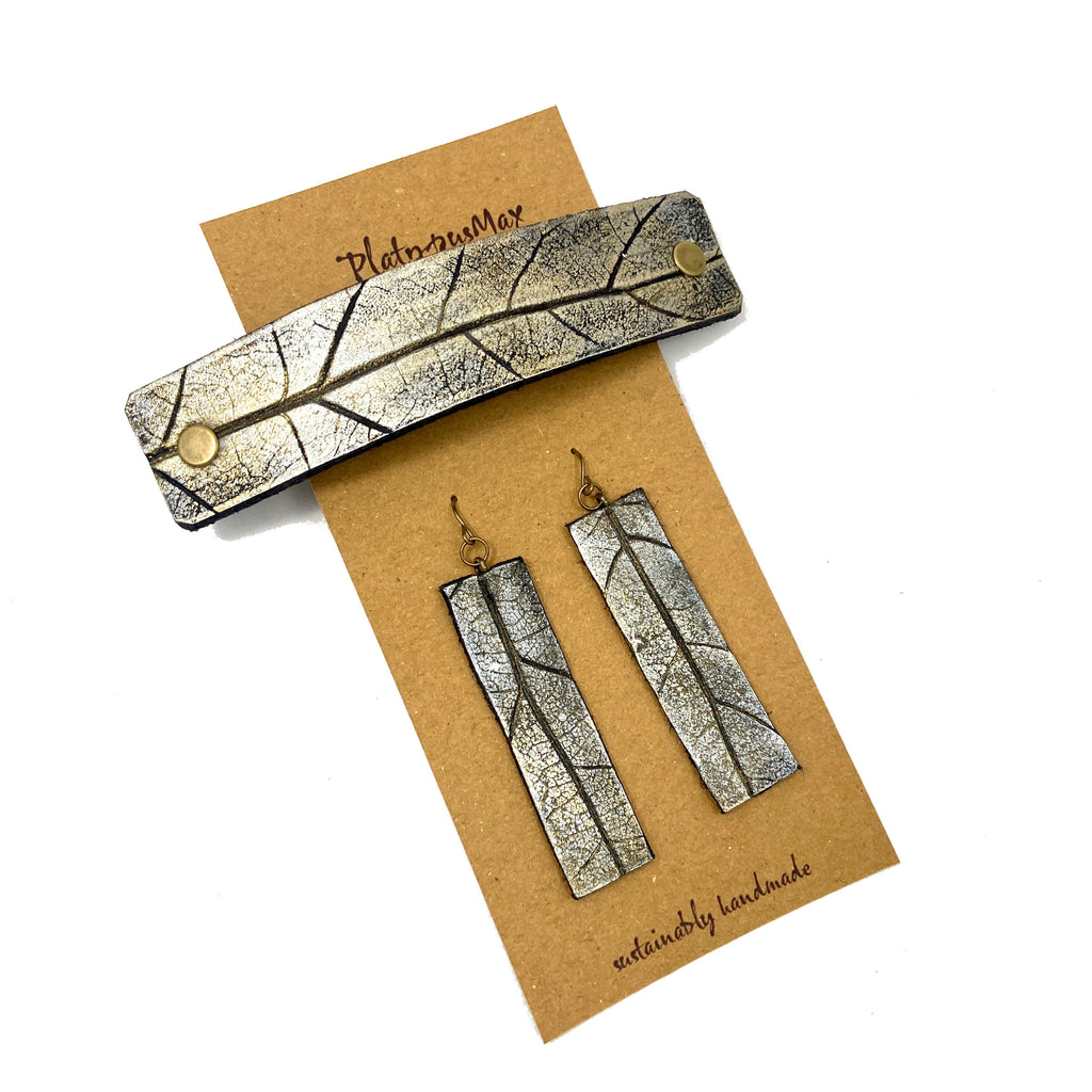 Silvery Gold Oak Leaf Imprint Barrette and Earring Gift Set