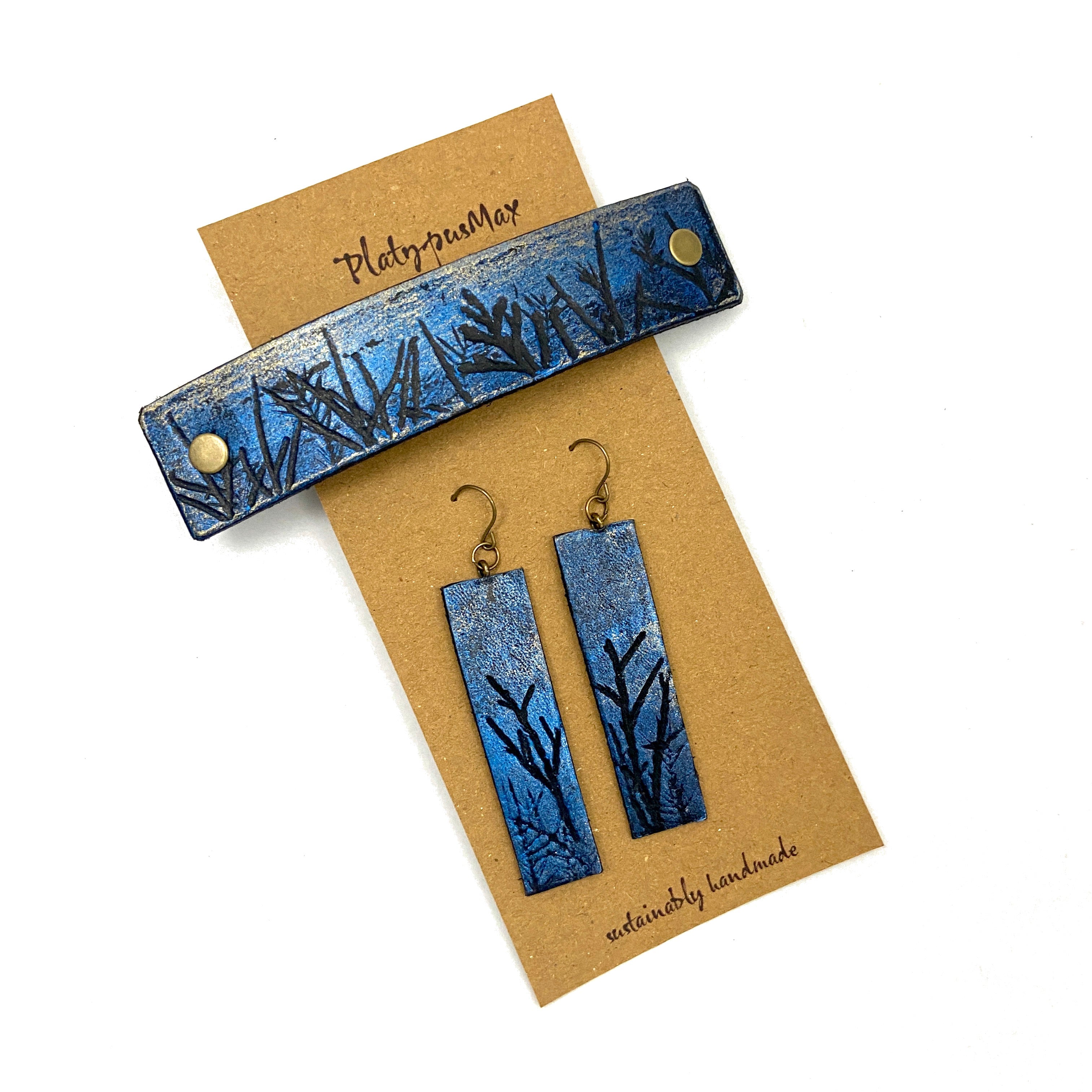 Moonlit Forest Trees Blue & Gold Barrette and Earring Gift Set
