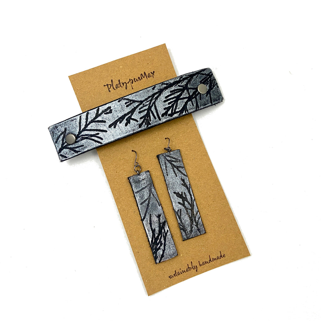 Silver & Black Juniper Branches Barrette and Earring Gift Set