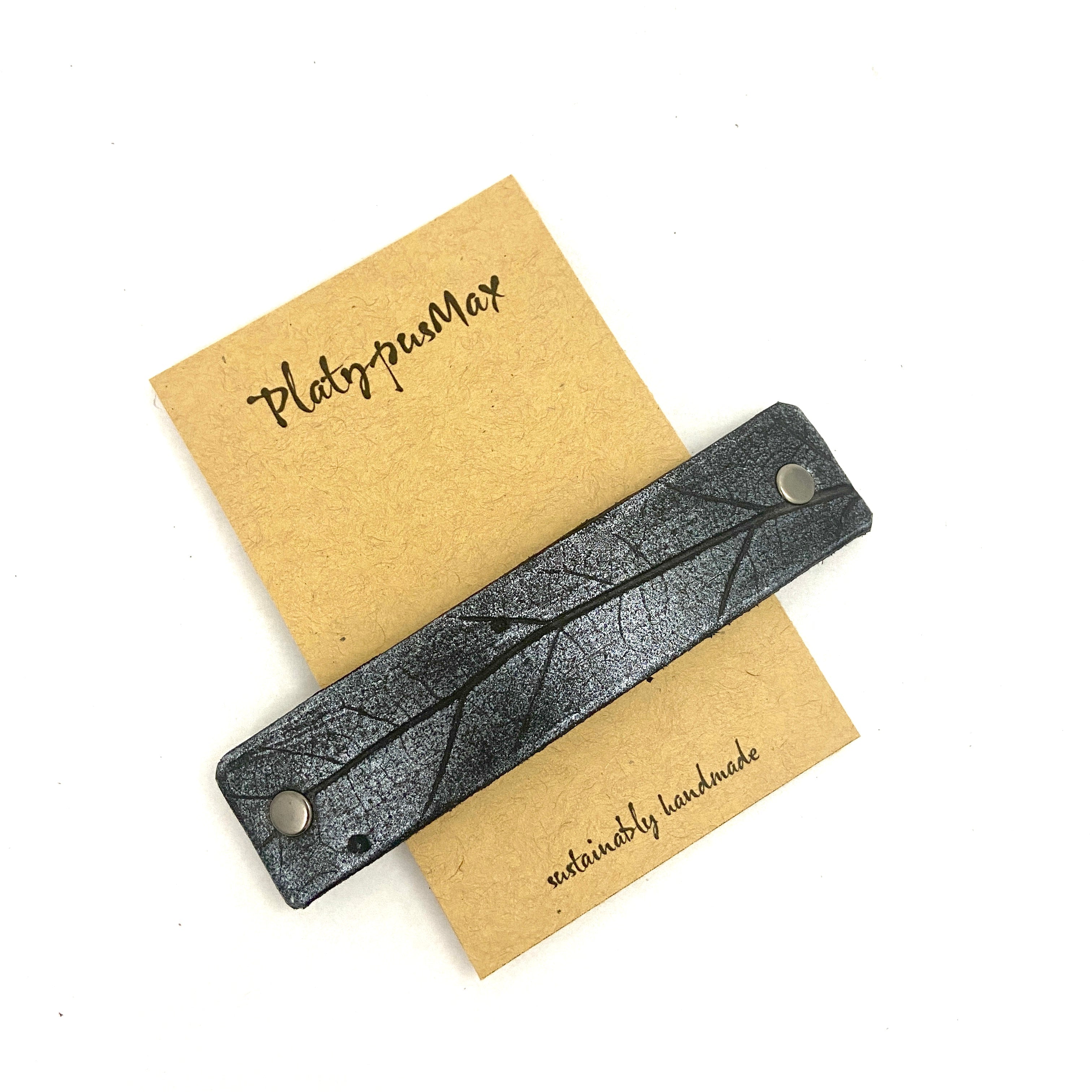 Silver on Black Oak Leaf Imprint Leather Hair Barrette