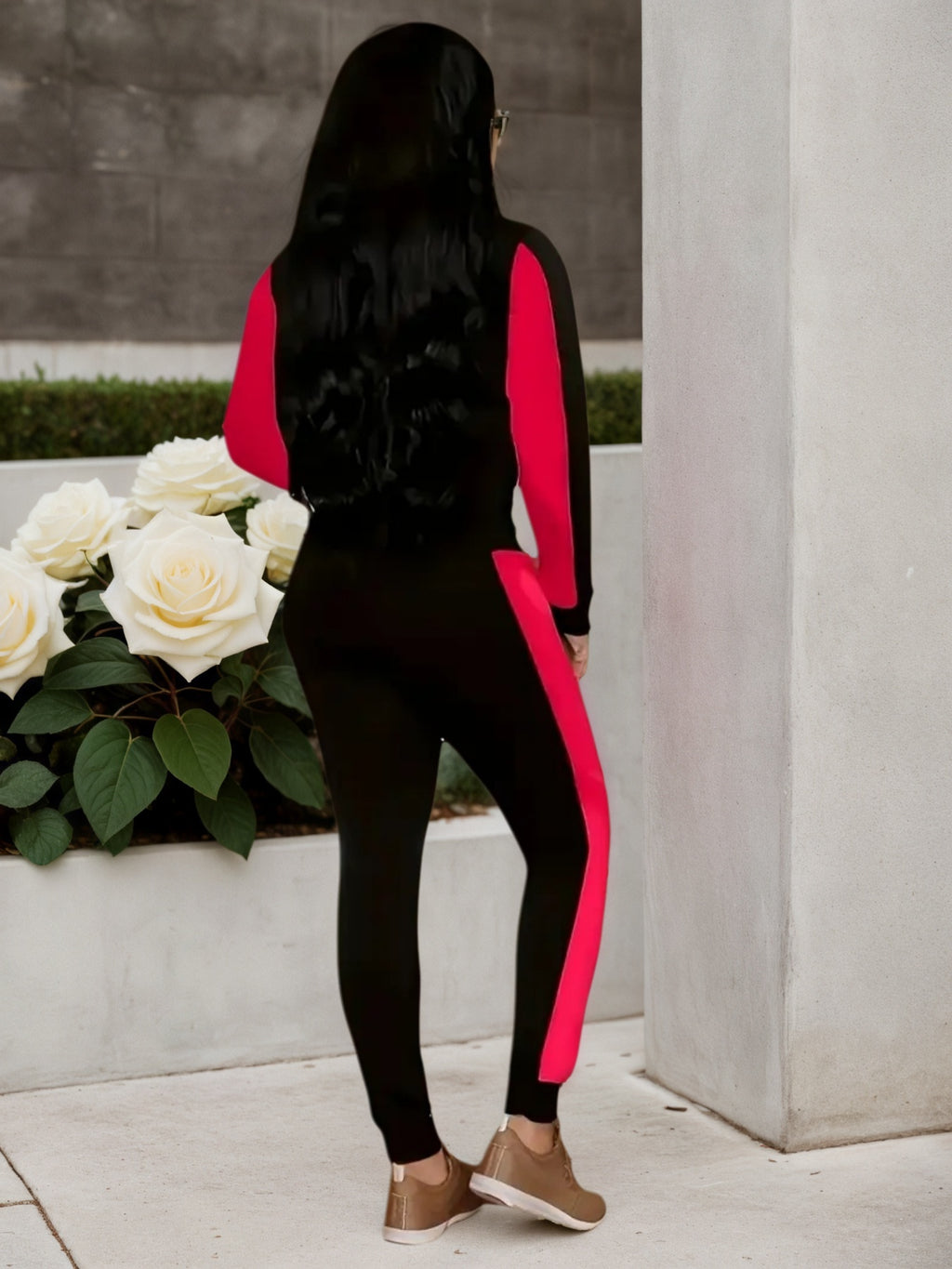Hoodie And Jogging Set, Casual Two Piece Set, Zippered Hoodie, Long Sleeve, And Red Black Stretch Pants