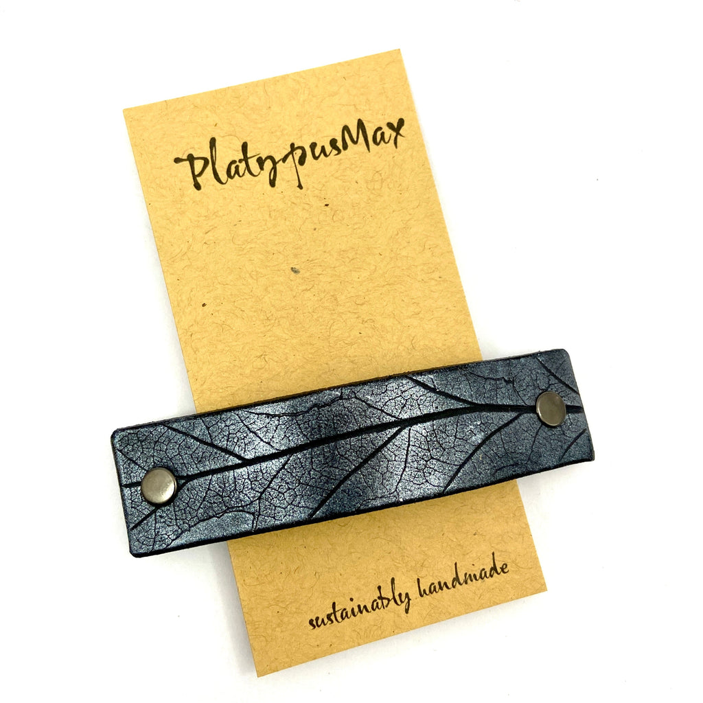 Silver on Black Oak Leaf Imprint Leather Hair Barrette