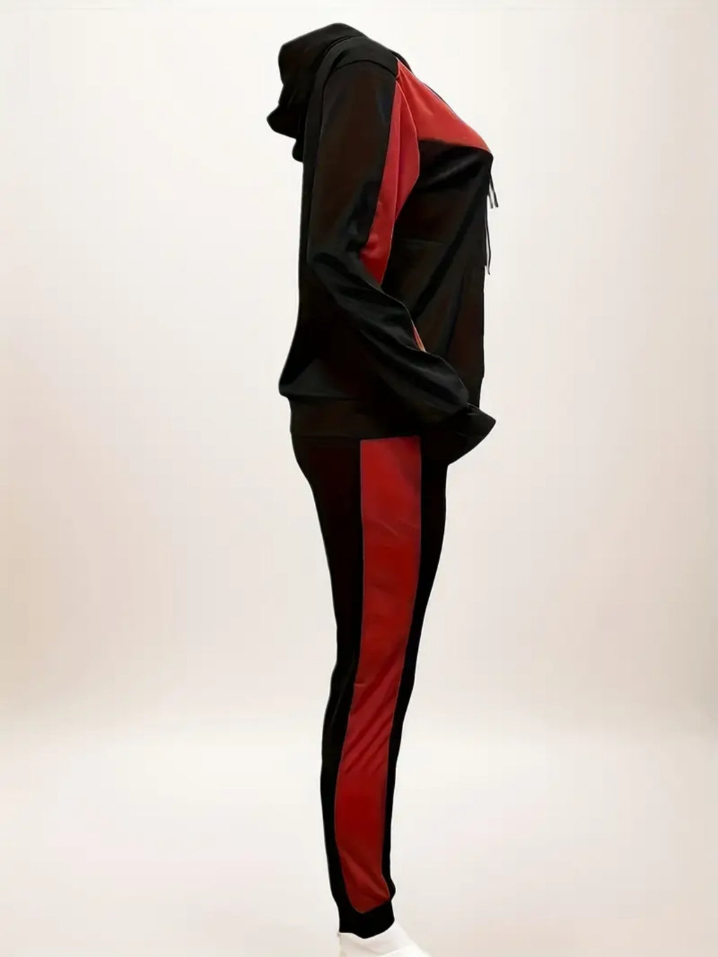 Hoodie And Jogging Set, Casual Two Piece Set, Zippered Hoodie, Long Sleeve, And Red Black Stretch Pants