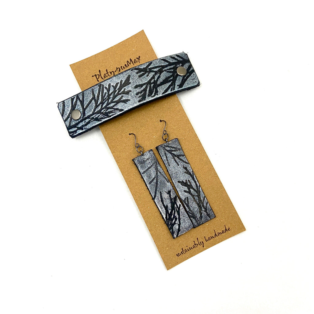 Silver & Black Juniper Branches Barrette and Earring Gift Set