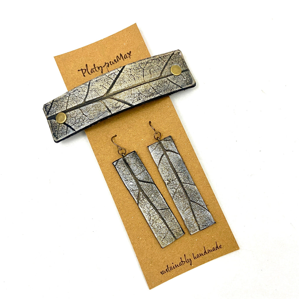 Silvery Gold Oak Leaf Imprint Barrette and Earring Gift Set