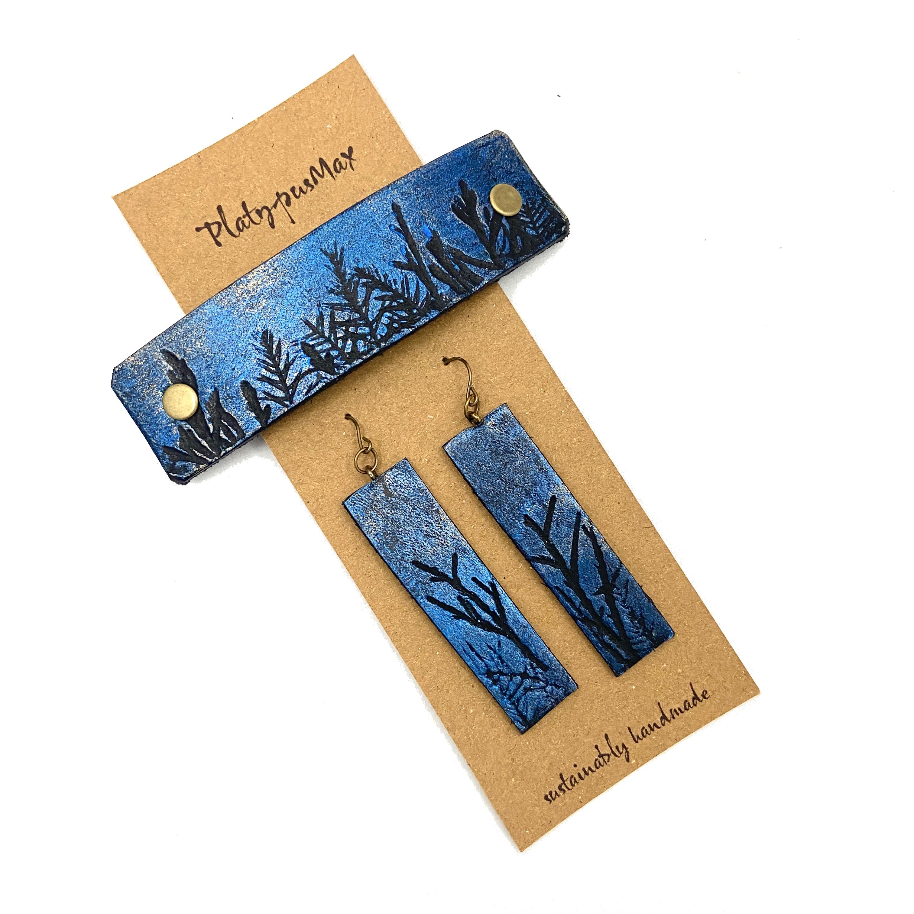 Moonlit Forest Trees Blue & Gold Barrette and Earring Gift Set