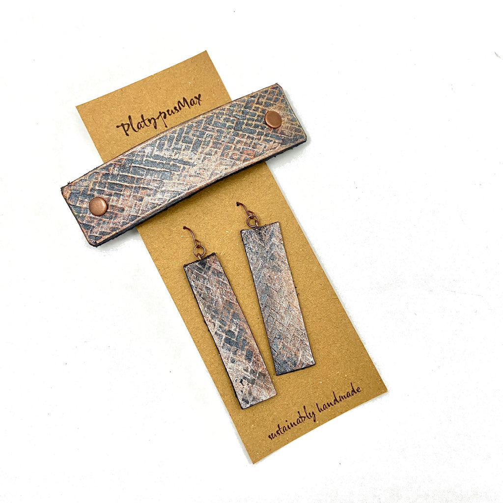Bronze Weave Textured Barrette and Earring Gift Set