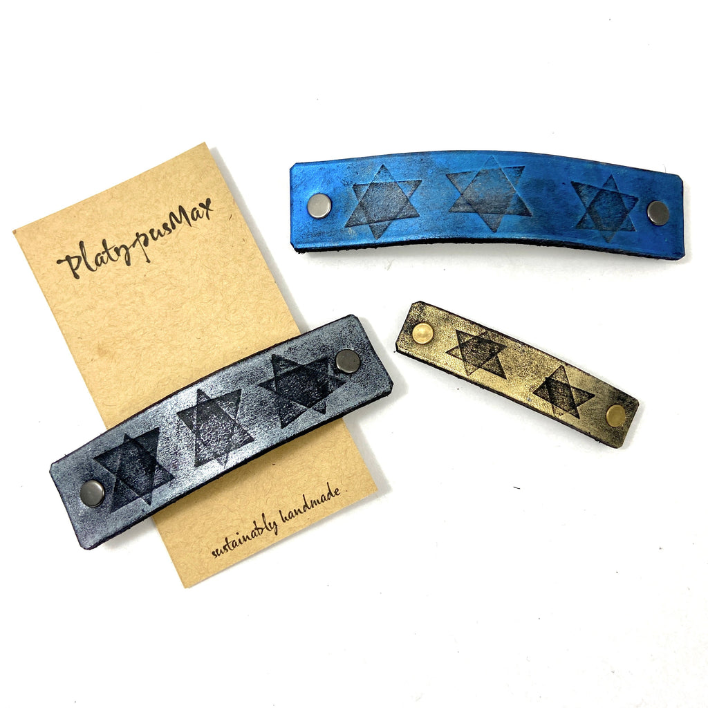 Star of David Embossed Leather Barrette - Large, Extra Large, Small